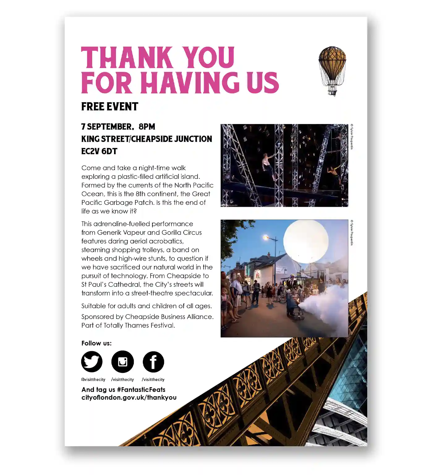 Affiche du Festival Fantastic Feats - "Thank you for having us" Spectable de Générik Vapeur et Gorilla Circus - City of London - Festival de rue - Photographie Sylvie Poupardin